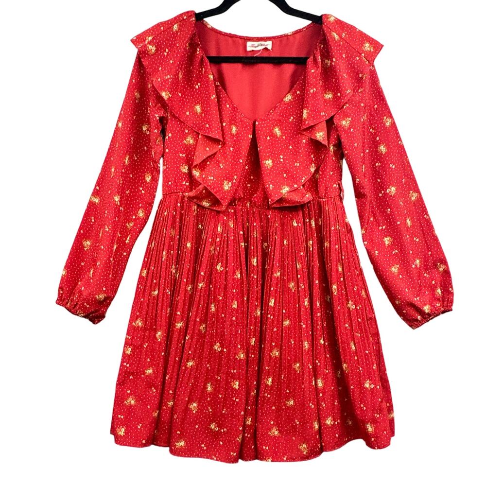 Bye Bye Y2k Mini Dress M Puff Sleeve Pleated Ditsy Floral Red Boho Fairy Cottage